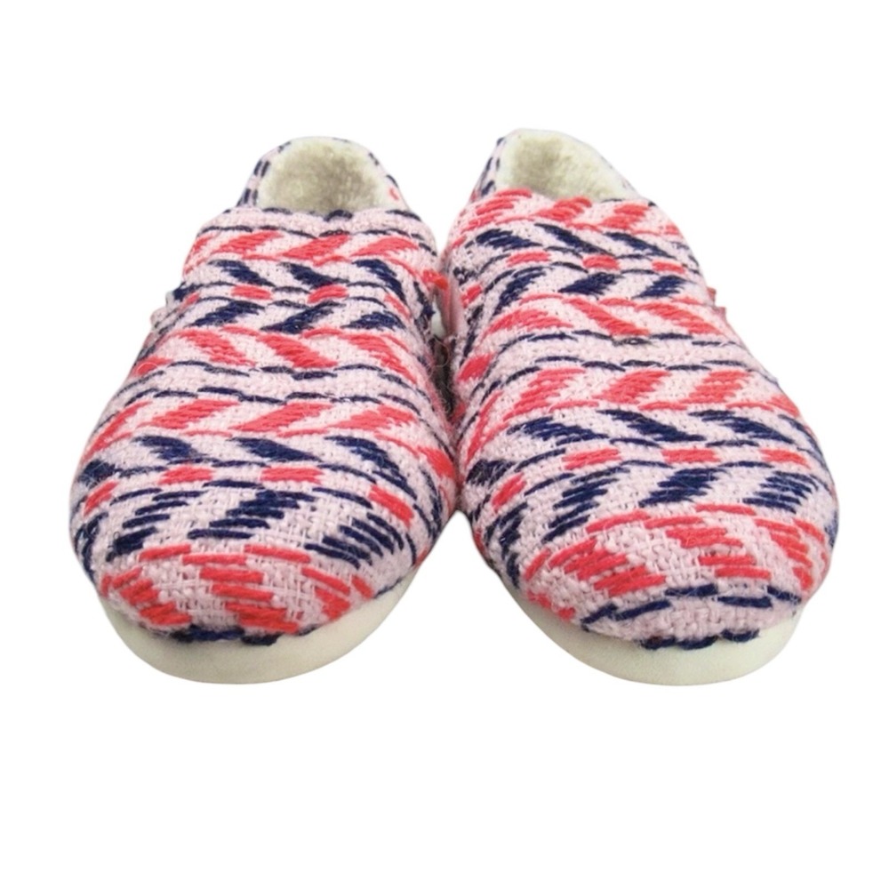 TOMS Alpargata Pink Red Navy Herringbone Woven‎ Faux Shearling Lined Flats Shoes - Picture 2 of 6